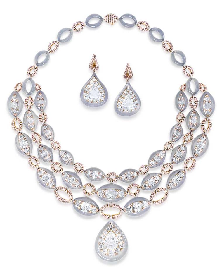 Glenn Spiro's jadeite suite includes a necklace set with a pear-shaped diamond weighing 10.5 carats, 42 old-cut diamonds, greyish-blue Jade, rose-cut diamonds and white jade.